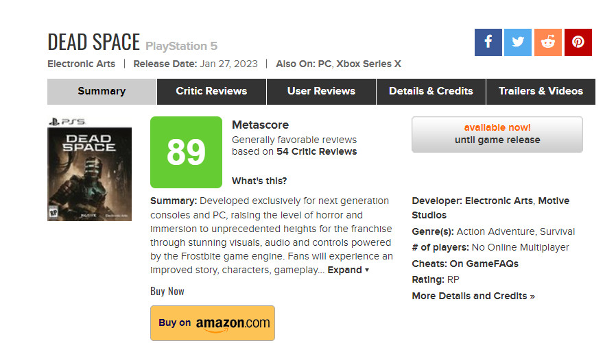 《死亡空间:重制版》评分解禁 IGN、GameSpot都是9分