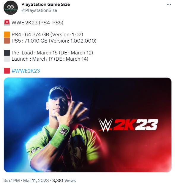 《WWE 2K23》PS文件大小公开 PS5大小71GB