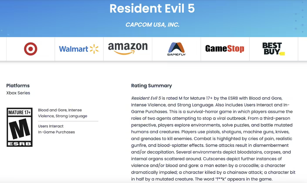 暗示重制版?卡普空《生化危机5》出现在ESRB分级官网